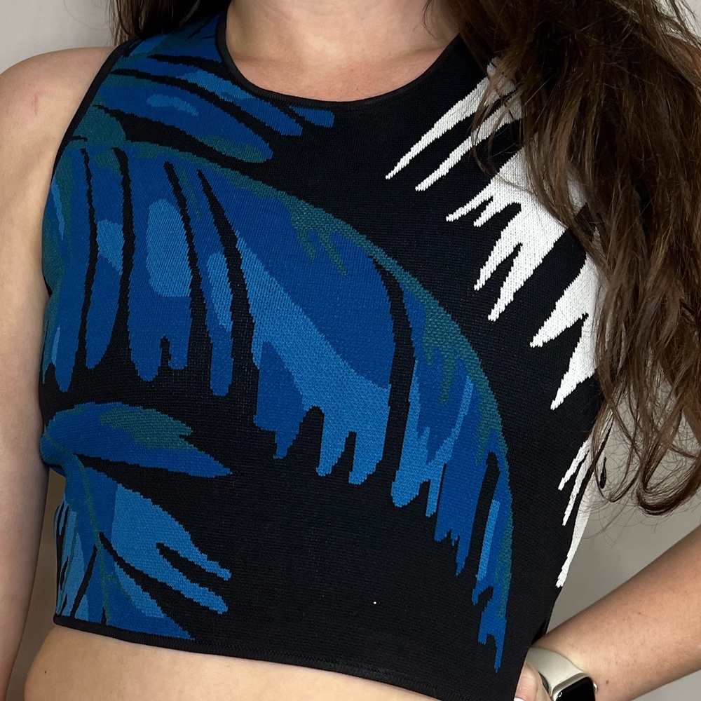 Timo Weiland Crop Top Palm Print Blue and Black Size Small - Picture 2 of 11